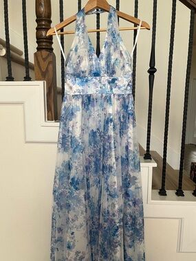 BCX Blue and White Floral Sparkly Halter Maxi Dress Tulle Fairycore Homecoming
